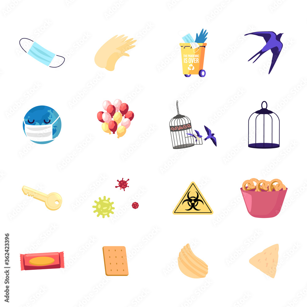 Set of Icons Medical Mask, Gloves and Recycling Litter Bin with Swallow, Sick Earth Globe, Balloons and Birds Cage with Coronavirus Cells. Key, Bio Hazard Sign and Snacks. Cartoon Vector Illustration