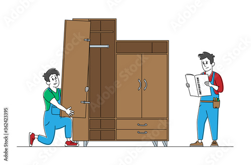 Furniture Maker Profession and Service, Handymen Read Instruction for Assembly Furniture, Worker Characters with Tools Assembling Cabinet, Construction Works Concept. Linear People Vector Illustration