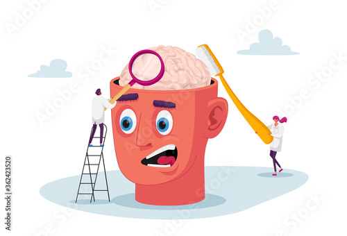 Mental Problems. Tiny Psychotherapist Doctors Characters Learning Huge Human Brain Cleaning it with Toothbrush. Mind Health Therapy, Mentality Diseases Prevention. Cartoon People Vector Illustration