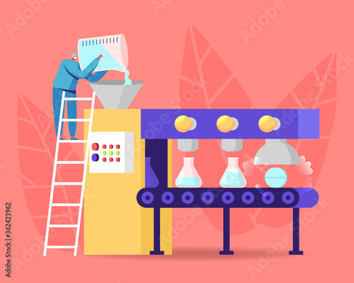 Pharmaceutical Industry Medical Drugs Production. Tiny Pharmacist Character Pouring Liquid in Huge Producing Line Machine Conveyor with Glass Beakers and Pills on Belt. Cartoon Vector Illustration