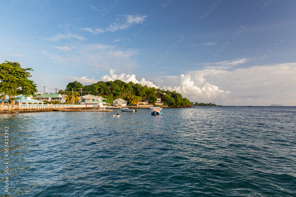Speed boat in front of Young Island  in Saint Vincent and the Grenadines