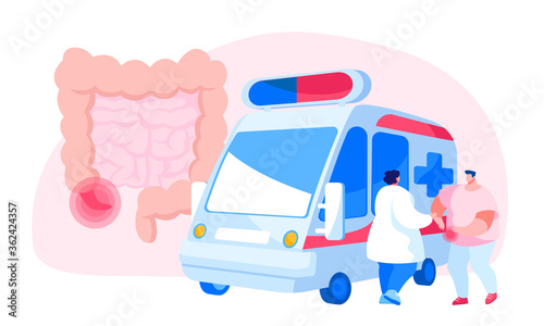 Doctor Character Stand at Ambulance Car Trying to Help Sick Man Touching Painful Stomach Suffering from Stomachache Causes of Appendicitis Inflammation Disease. Cartoon People Vector Illustration