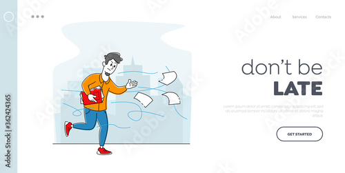 Windy Weather with Blowing Wind Landing Page Template. Business Man Character Running Fast Trying to Catch Flying Documents Blown Away with Strong Whirlwind in Cold Autumn. Linear Vector Illustration