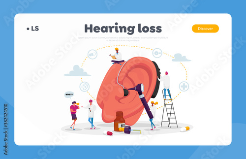 Deafness Landing Page Template. Deaf People with Hear Problems Visiting Doctor Audiologist for Ears Treatment. Tiny Characters around of Huge Ear Using Hearing Aid. Cartoon Vector Illustration