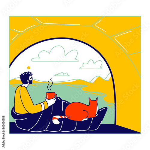 Man and Cat Characters Sitting inside of Camping Tent Enjoying Drinking Coffee and Scenic Landscape View. Tourist Travel with Pet, Hiking, Outdoor Relax, Summer Recreation. Linear Vector Illustration