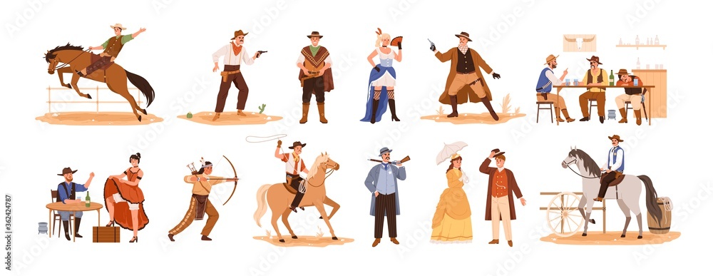 Set of wild west cartoon characters vector flat illustration. Collection of  cowboy ride on horse, sheriff