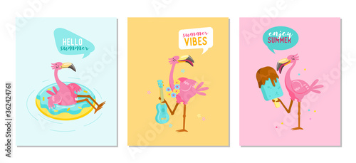 Set of Hello Summer Banners with Pink Flamingo Play Ukulele, Float Inflatable Ring and Eating Ice Cream. Cartoon Character Summertime Vacation. Kawaii Cute Bird Summer Vibes. Vector Illustration