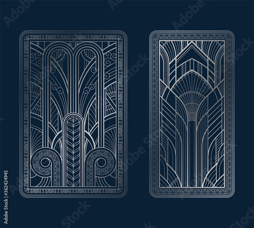 Silver art deco panels with ornament on dark blue background