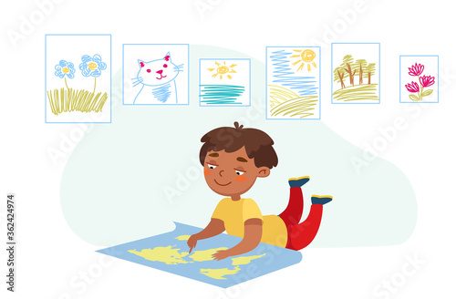 Kid Character Lying on Floor with World Map Studying Geography. Back to School, Education and Knowledge Concept. Little Baby in College or Preschool Learning Lesson. Cartoon Vector Illustration