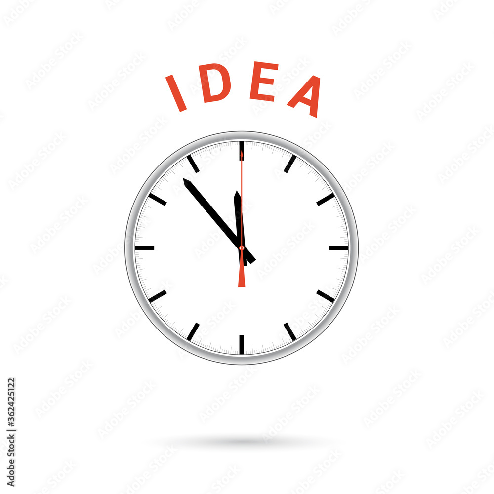 Vector illustration of clock icon. Red arrow points to word IDEA. Conceptual icon. Vector illustration of clock icon. Red arrow points to word IDEA. Conceptual icon.