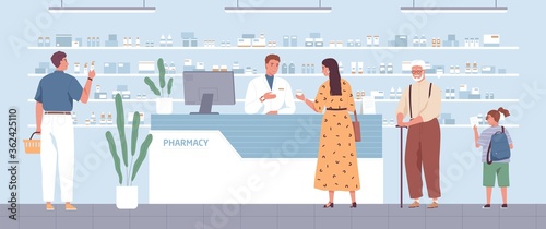 Stylish woman buying remedy consulting with pharmacist at drugstore vector flat illustration. Different people stand in queue at modern pharmacy interior. Male seller and customers at medical store