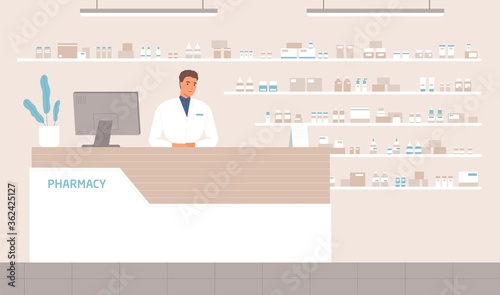 Friendly male pharmacist standing at counter in pharmacy vector flat illustration. Positive seller in white medical coat working at drugstore. Man apothecary at pharma store interior