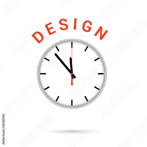  Vector illustration of clock icon. Red arrow points to word DESIGN. Conceptual icon.