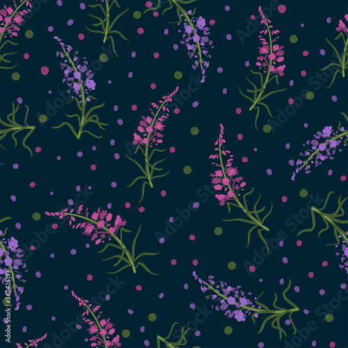 Seamless floral pattern with branches of fireweed flowers. Ivan Chai. Hand drawn botanical illustration isolated on dark background, texture for wallpaper, textile, package tea photo