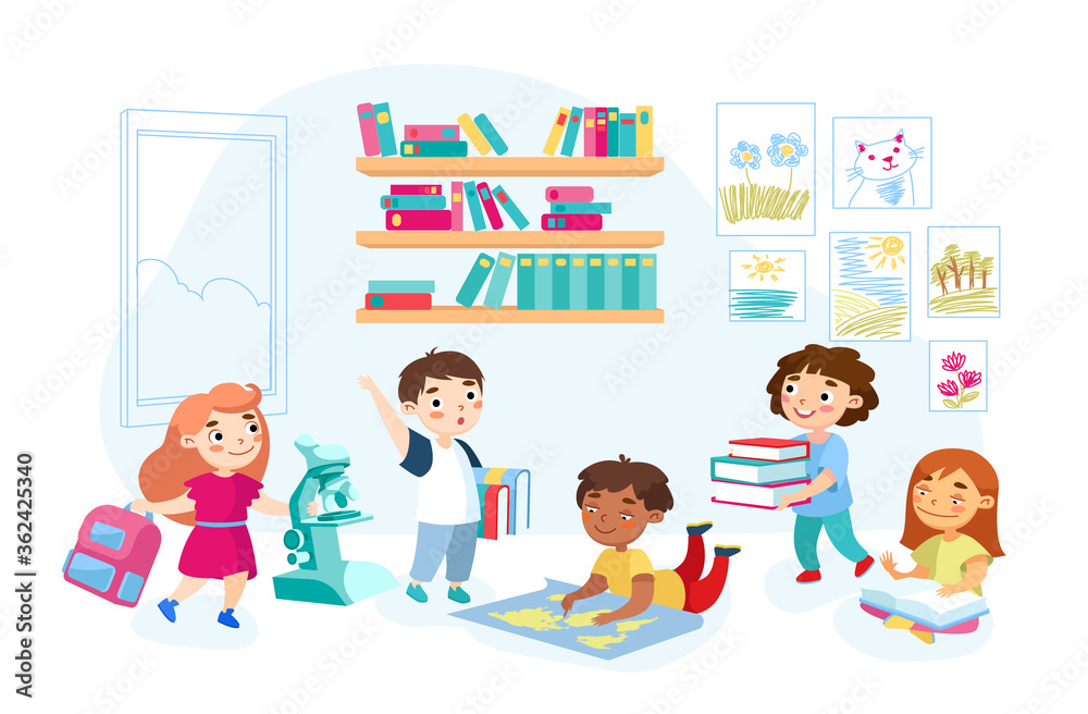 Schoolboys and Schoolgirls with Books and Backpacks Waving Hands Greeting Classmates and New Educational Year. Kids Characters Back to School. Students in Classroom. Cartoon People Vector Illustration Schoolboys and Schoolgirls with Books and Backpacks Waving Hands Greeting Classmates and New Educational Year. Kids Characters Back to School. Students in Classroom. Cartoon People Vector Illustration