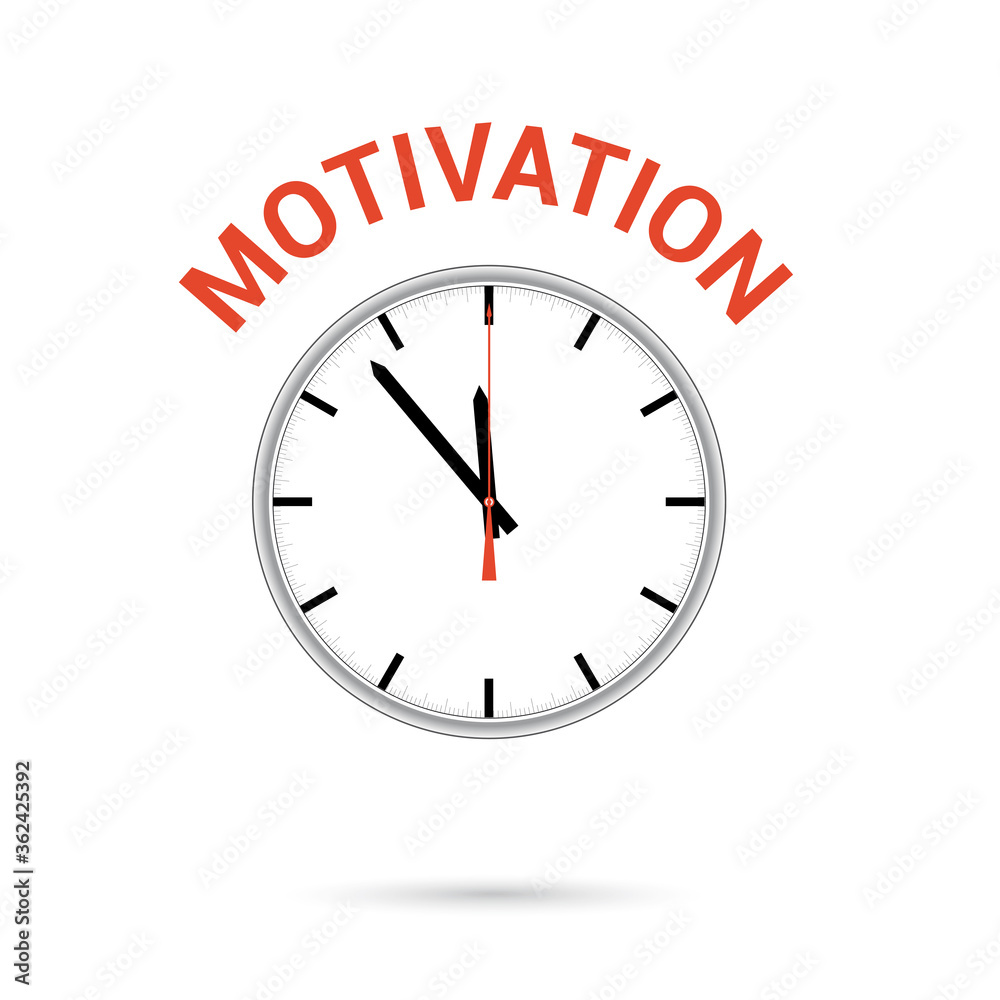 Vector illustration of clock icon. Red arrow points to word MOTIVATION. Conceptual icon.