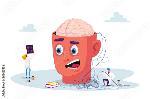 Psychotherapist Session in Mental Health Clinic. Tiny Doctors Characters Unravel Confused Patient Thoughts and Look on Mri Images at Psychiatrist Appointment. Cartoon People Vector Illustration