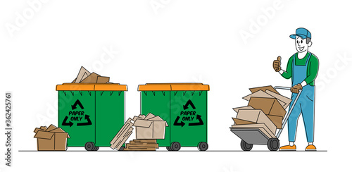 Paper Waste or Trash Recycle Concept. Janitor Character with Trolley and Pile of Used Carton Stand at Recycling Litter Bins. Ecology Protection, Wastepaper Reuse Solution. Linear Vector Illustration