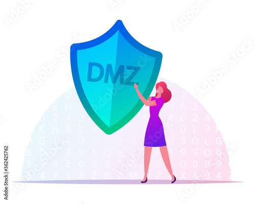 Demilitarized Zone Concept. Tiny Female Character Carry Huge Shield with DMZ Abbreviation. Physical or Logical Subnetwork Expose External-facing Services to Internet. Cartoon Vector Illustration