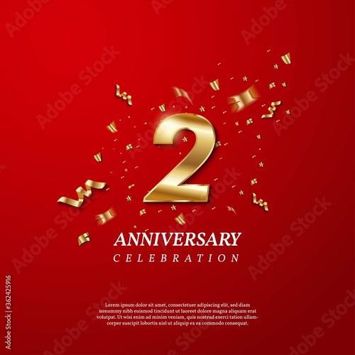 2th Anniversary celebration. Golden number 2 with sparkling confetti, stars, glitters and streamer ribbons on red background. Vector festive illustration. Birthday or wedding party event decoration