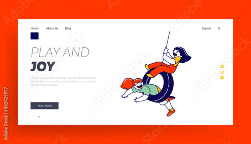 Summer Vacation, Freedom Landing Page Template. Children Characters Riding Swing Made of Pld Car Tires Hanging on Rope at Tree in Playground. Little Girls Laughing. Linear People Vector Illustration