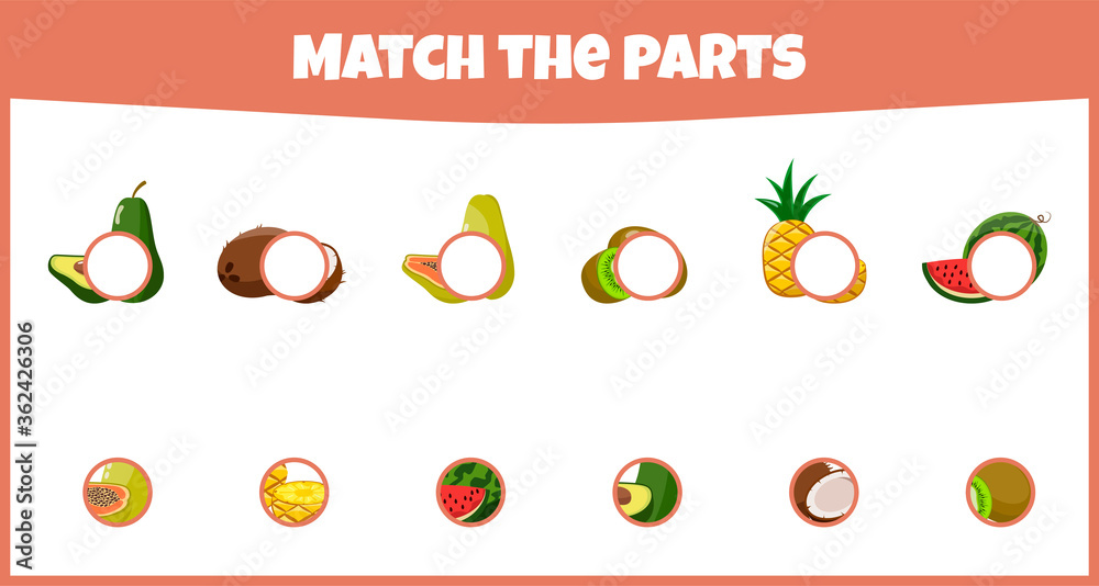 Educational game. Match the parts. Match parts of fruits. Worksheet for education. Mini-game for children.