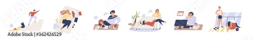 Exhausted, fatigue people in procrastination and emotional burnout on white background. Tired, frustrated, weak, unhappy people do nothing, fall down stairs, laying sofa in flat vector illustration photo