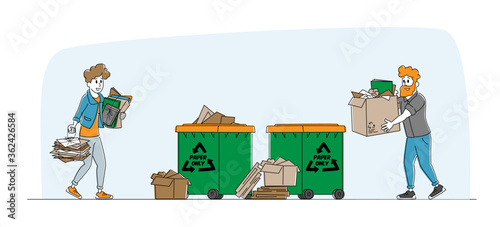 Characters Carry Piles of Paper Documents or Wastepaper to Throw Garbage to Recycle Litter Bin. Environmental Protection, Waste Sort, Recycle and Segregation Concept. Linear People Vector Illustration