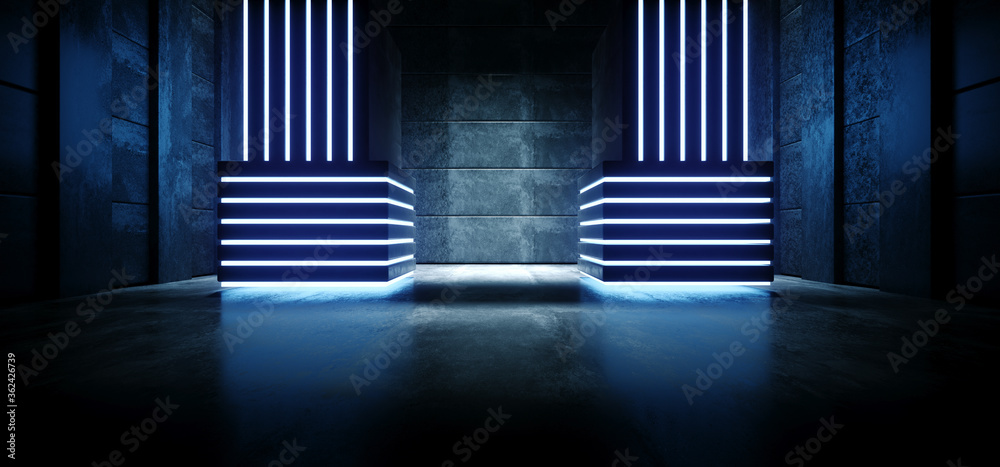 Sci Fi Futuristic Alien Blue Glowing Stage Podium Empty Space Pillars Led Lights Grunge Concrete Floor Warehouse Garage Room Background 3D Rendering Illustration | Adobe Stock