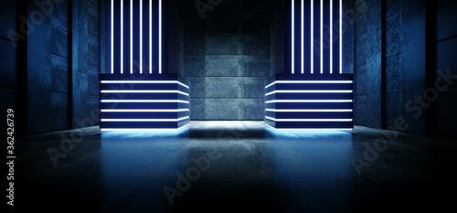 Sci Fi Futuristic Alien Blue Glowing Stage Podium Empty Space Columns Pillars Led Lights Grunge Concrete Floor Warehouse Garage Room Tunnel Background 3D Rendering