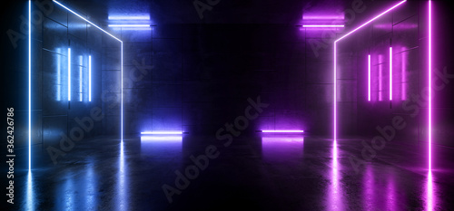 Laser Neon Retro Modern Concrete Grunge Garage Underground Background Led Studio Lights Glowing Blue Purple Empty Space Cyber Virtual Synth Underground Realistic 3D Rendering