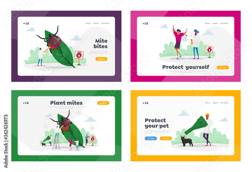 Encephalitis Mite, Tick Bite Protection Landing Page Template Set. Tiny Characters Search Dangerous Mite on Leaf, People Spraying Insect Repellent on Skin and Dog Outdoor. Cartoon Vector Illustration