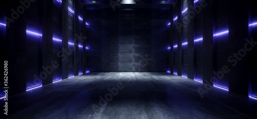 Fototapeta Naklejka Na Ścianę i Meble -  Sci Fi Futuristic Alien Concrete Dark Grunge Stage Podium Hall Glowing Blue Laser Led Spot Light Cyber Virtual Underground Club Garage Product Showcase Background 3D Rendering