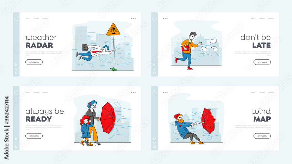 Characters Fighting with Strong Wind Landing Page Template Set. Man with Destroyed Umbrella Trying to Protect from Storm and Rain. Business Man Hanging on Road Sign. Linear People Vector Illustration