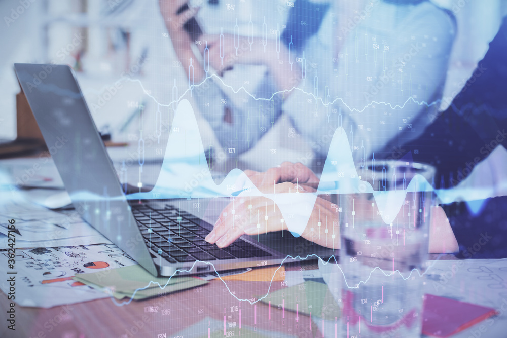 Multi exposure of woman hands typing on computer and forex chart hologram drawing. Stock market analysis concept. Multi exposure of woman hands typing on computer and forex chart hologram drawing. Stock market analysis concept.