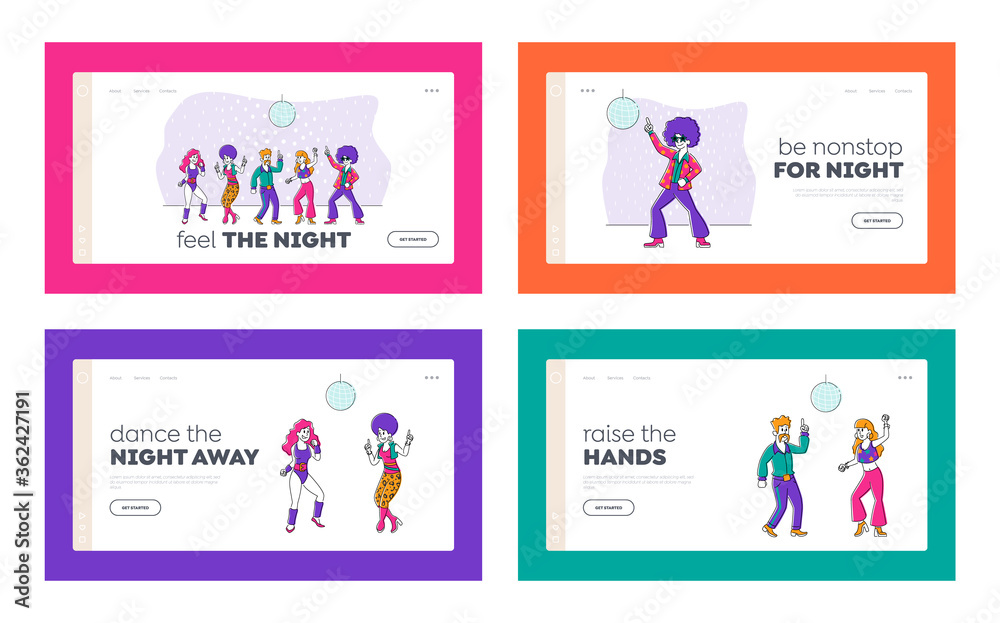 Characters Dance at Retro Disco Party in Night Club Landing Page Template Set. Young People Group in 1970s 1980s Fashion Style of Clothes and Hairstyle Dancing Disco Dance. Linear Vector Illustration Characters Dance at Retro Disco Party in Night Club Landing Page Template Set. Young People Group in 1970s 1980s Fashion Style of Clothes and Hairstyle Dancing Disco Dance. Linear Vector Illustration