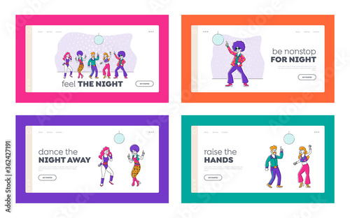 Characters Dance at Retro Disco Party in Night Club Landing Page Template Set. Young People Group in 1970s 1980s Fashion Style of Clothes and Hairstyle Dancing Disco Dance. Linear Vector Illustration