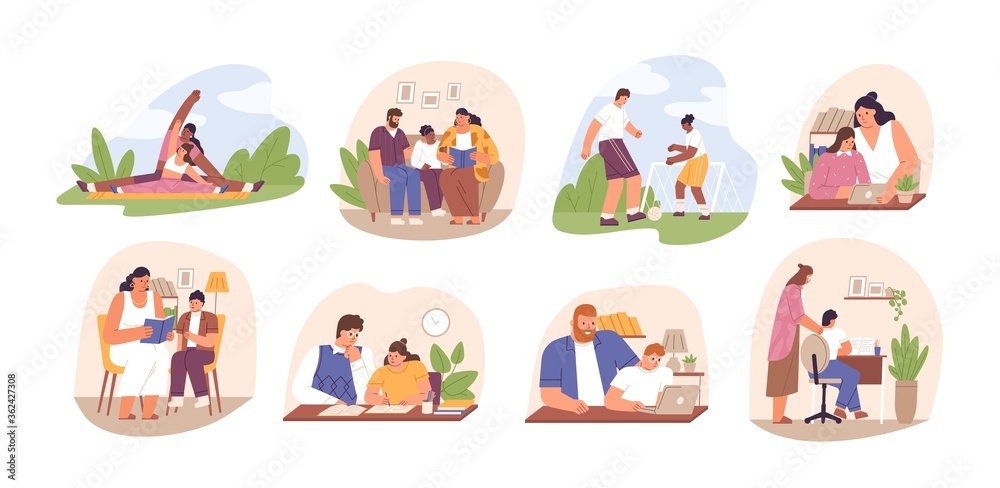 Set of parents helping children do homework. Learning, studying process at home. Family read books, play football, write schoolwork in flat cartoon vector illustration isolated on white