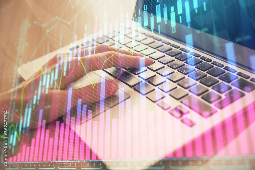 Double exposure of woman hands typing on computer and forex chart hologram drawing. Stock market analysis concept. Double exposure of woman hands typing on computer and forex chart hologram drawing. Stock market analysis concept.