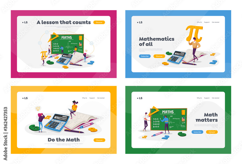 Math Science Landing Page Template Set. Tiny Student Characters in Lab or School Class Learning Mathematics at Huge Blackboard. People Gaining Education and Write Formula. Cartoon Vector Illustration Math Science Landing Page Template Set. Tiny Student Characters in Lab or School Class Learning Mathematics at Huge Blackboard. People Gaining Education and Write Formula. Cartoon Vector Illustration