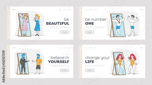 People Looking at Mirror Reflection Landing Page Template Set. Self-assessment and Personal Appearance. Male Female Characters Admire or Horrified with Image in Mirror. Linear Vector Illustration