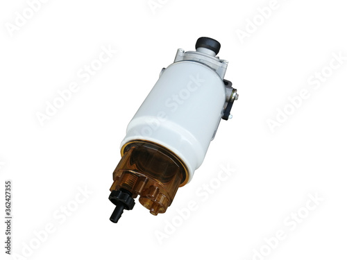 Truck fuel coarse filter with sump on an isolated white background. Spare parts.