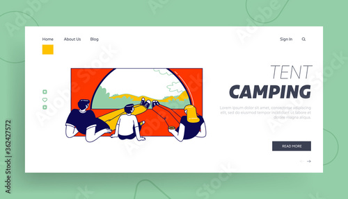 Summer Recreation Landing Page Template. Family Characters inside of Camping Tent Enjoying Scenic Landscape View. Tourists Traveling with Kid, Hiking, Outdoor Relax. Linear People Vector Illustration