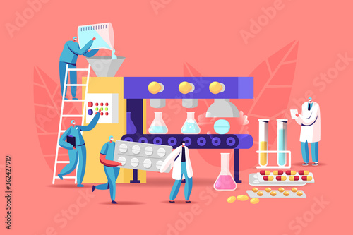 Tiny Pharmacist Characters at Huge Production Line Machine Conveyor Belt with Glass Beakers and Pills, Pharmaceutical Industry Medical Drugs Producing at Factory. Cartoon People Vector Illustration
