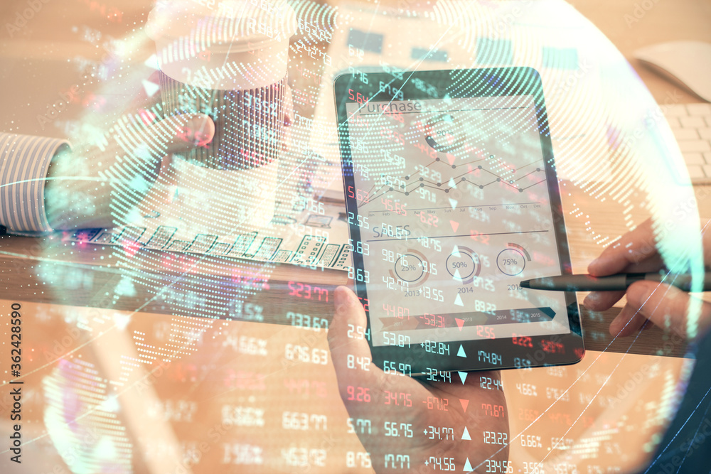 Double exposure of man's hands holding and using a phone and international business theme drawing. Double exposure of man's hands holding and using a phone and international business theme drawing.