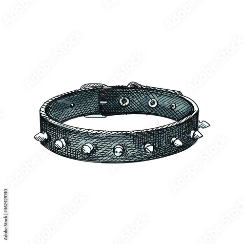 Colorful watercolor Hand-drawn sketch of dog collar with thorns on a white background. Dog collar with thorns. Pet supplies. Care for home animals.	