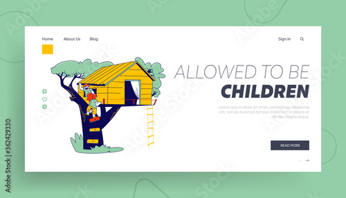 Children Climbing on Tree House Landing Page Template. Characters Playing on Child Playground, Treehouse with Wood and Rope Ladders, Place for Kids Summer Games. Linear People Vector Illustration