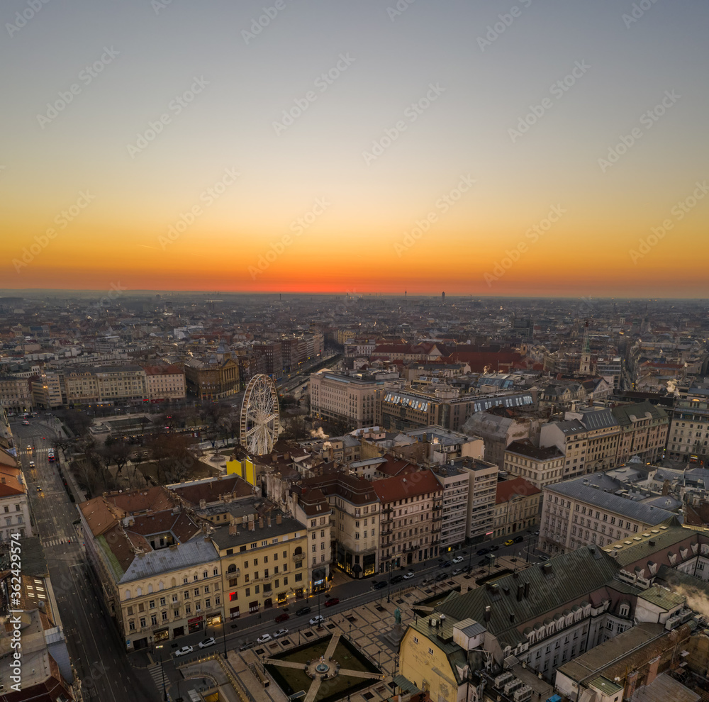 Aerial drone shot of Jozsef Nador Square at dawn in budapet downtown