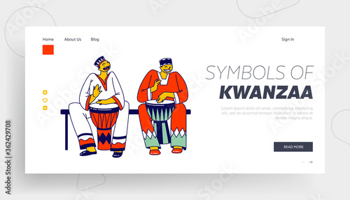 Culture and Music of Africa Landing Page Template. African Male Characters in National Clothes Playing Jembe Drums for Folk Festival or Kwanzaa Holiday Celebration. Linear People Vector Illustration