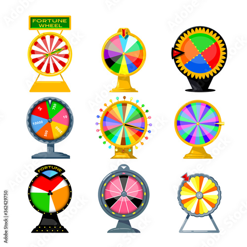 Set of Cartoon Fortune Wheels, Equipment for Lottery Raffle and Gambling Games Isolated on White Background. Colorful Roulette with Numbers and Lights, Risky Attraction. Vector Illustration, Icons